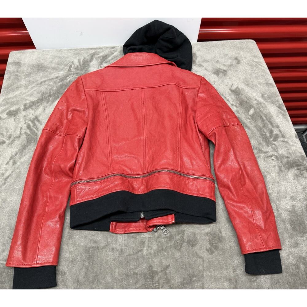Alice + Olivia Avril Red Lamb Leather Hooded Moto Jacket Small S $995 - Picture 9 of 12